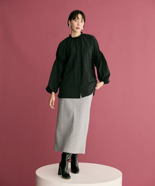 #Newans 【洗濯機可／撥水】シャーリングネック ボリュームスリーブシャツ ブラック