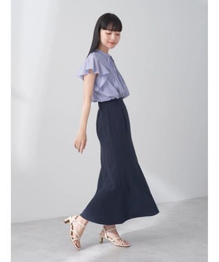 earth music&ecology ギャザーフレンチスリーブブラウス Stripe Navy