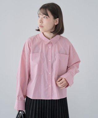 Green Parks イージーケアショート丈ストライプシャツ Pink