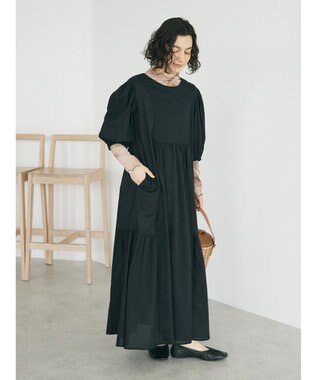 CRAFT STANDARD BOUTIQUE インド綿パフスリーブギャザーワンピース Black