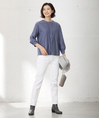 J.PRESS LADIES ストライプジャージー ピンタック カットソー ライトグレー系1