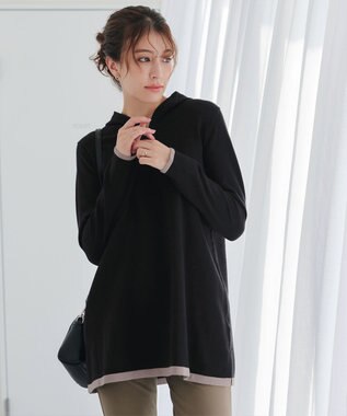 Tiaclasse 【洗える】配色フーディーニットチュニック ブラック×モカ