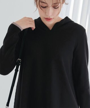 Tiaclasse 【洗える】配色フーディーニットチュニック ブラック×モカ