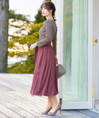 Tiaclasse 【洗える】異素材を組み合わせたミモレ丈リブコンビワンピース モカ×ピンク