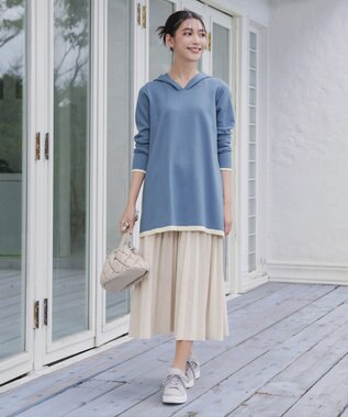 Tiaclasse 【洗える】配色フーディーニットチュニック ブルー×アイボリー