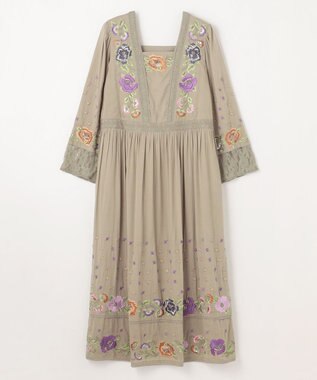 GRACE CONTINENTAL フラワー刺繍エスニックワンピース カーキ