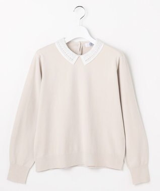 J.PRESS LADIES L レーヨンストレッチ 刺繡襟 ニット ライトベージュ×オフ系