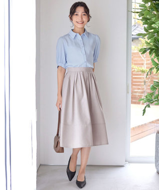 Tiaclasse 【選べる丈】麻調タックフレアスカート 膝丈グレージュ
