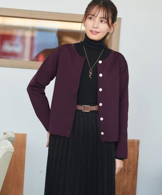 Tiaclasse L 【洗える】スポンジニットパールボタンカーディガン ワイン