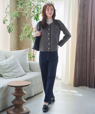 Tiaclasse L 【洗える】スポンジニットパールボタンカーディガン チャコールグレー