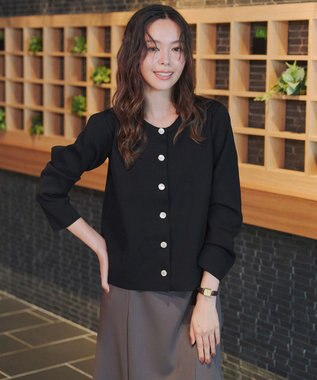 Tiaclasse L 【洗える】スポンジニットパールボタンカーディガン ブラック