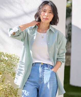 ANY 【洗濯機可能/接触冷感/UVケア】カラーストライプシャツ グリーン