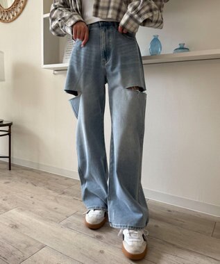 WEGO 【SMサイズ展開】サイドカットデニムストレートパンツ デニム淡色