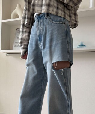 WEGO 【SMサイズ展開】サイドカットデニムストレートパンツ デニム淡色