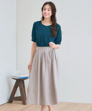 Tiaclasse 【選べる丈】麻調タックフレアスカート ミモレ丈グレージュ