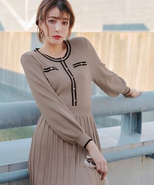 Tiaclasse 【洗える】セットアップ見え配色ニットワンピース グレージュ