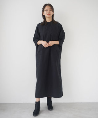 COTTON PAPER POPLIN BAND COLLAR LONG SHIRT DRESS シャツワンピース