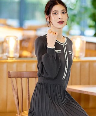 Tiaclasse 【洗える】セットアップ見え配色ニットワンピース チャコールグレー