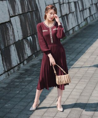 Tiaclasse 【洗える】セットアップ見え配色ニットワンピース ボルドー