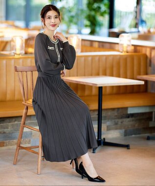 Tiaclasse 【洗える】セットアップ見え配色ニットワンピース チャコールグレー