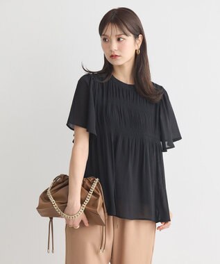 earth music&ecology マジョリカプリーツ半袖ブラウス Black