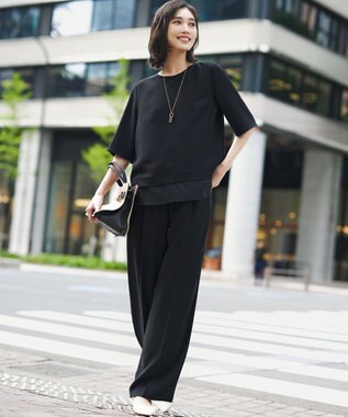 23区 L 【Oggi掲載/接触冷感/UVカット/吸水速乾】ストレッチジョーゼット ワイド パンツ ブラック系