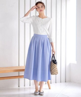 Tiaclasse 【選べる丈】麻調タックフレアスカート ミモレ丈サックス