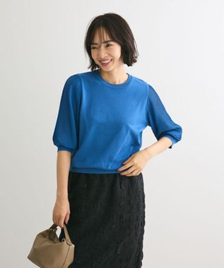 Green Parks 袖プリーツドッキング５分袖ニットプルオーバー Blue