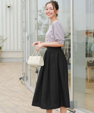 Tiaclasse 【選べる丈】麻調タックフレアスカート 膝丈ブラック