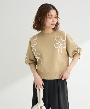 Green Parks ・ＥＬＥＮＣＡＲＥ　ＤＵＥ　ライン刺繍５分袖ニット Beige
