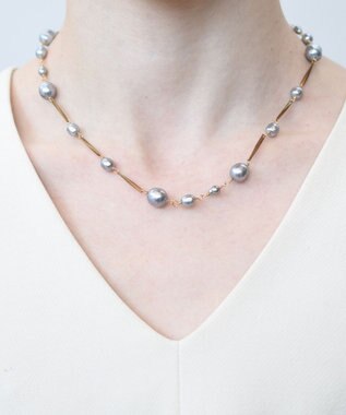 monshiro ガラスパールバーチェーンネックレス ゴールド×グレー