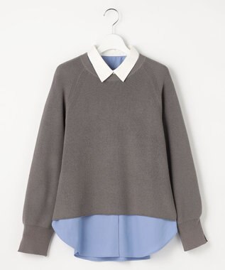 ANY SIS L ニットレイヤード シャツ ツインセット チャコール×ブルー