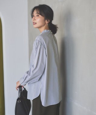 ANY 【UVカット/抗菌防臭/速乾】エニィファンクション　フリルモックブラウス ブルーストライプ