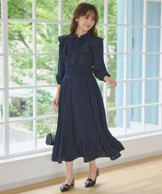 Feroux 【洗える】プリーツ ワンピース ネイビー系（無地）
