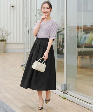 Tiaclasse 【選べる丈】麻調タックフレアスカート 膝丈ブラック