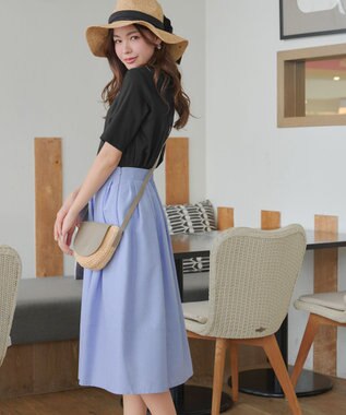 Tiaclasse 【選べる丈】麻調タックフレアスカート 膝丈サックス