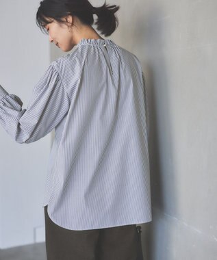 ANY 【UVカット/抗菌防臭/速乾】エニィファンクション　フリルモックブラウス ブルーストライプ