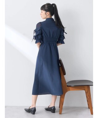 earth music&ecology レイヤードショルダー配色ステッチワンピース Deep Blue