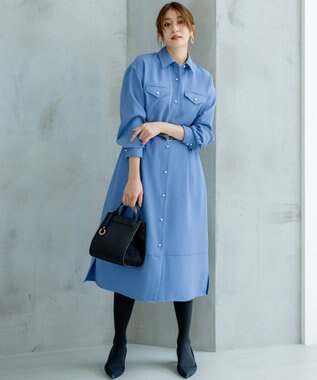 組曲 【サッシュベルト付き】パールボタンシャツワンピース ブルー系