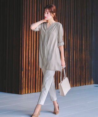 Tiaclasse 【洗える】ヴィンテージサテンチュニックブラウス グレージュ