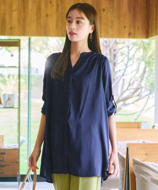 Tiaclasse 【洗える】ヴィンテージサテンチュニックブラウス ネイビー