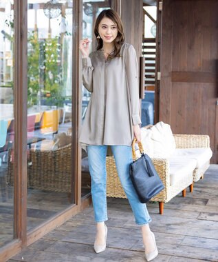 Tiaclasse L 【洗える】ヴィンテージサテンチュニックブラウス グレージュ