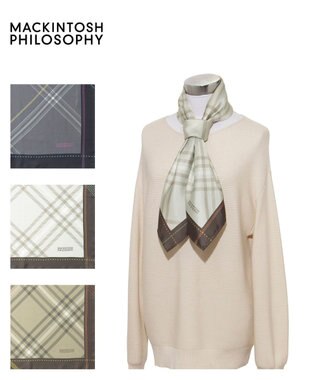 MOONBAT MACKINTOSH PHILOSOPHY(マッキントッシュ フィロソフィー）シルクスカーフ チェック 88×88㎝ 日本製 ベージュ