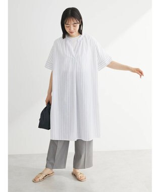 Green Parks 綿麻混スキッパーミニワンピース Stripe Ivory