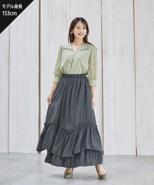 Tiaclasse L 【洗える】花柄Vネックブラウス グリーン