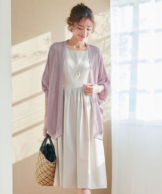 Tiaclasse L 【洗える】メッシュ編みニットドルマンカーディガン ピンク