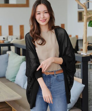 Tiaclasse L 【洗える】メッシュ編みニットドルマンカーディガン ブラック