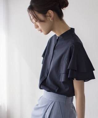 組曲 コットンレーヨンシャーティング ブラウス ネイビー系
