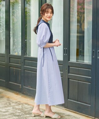 #Newans 【洗える】ピンタックベストコンビワンピース ネイビーストライプ系