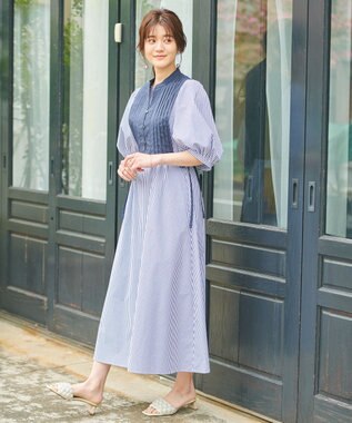 #Newans 【洗える】ピンタックベストコンビワンピース ネイビーストライプ系